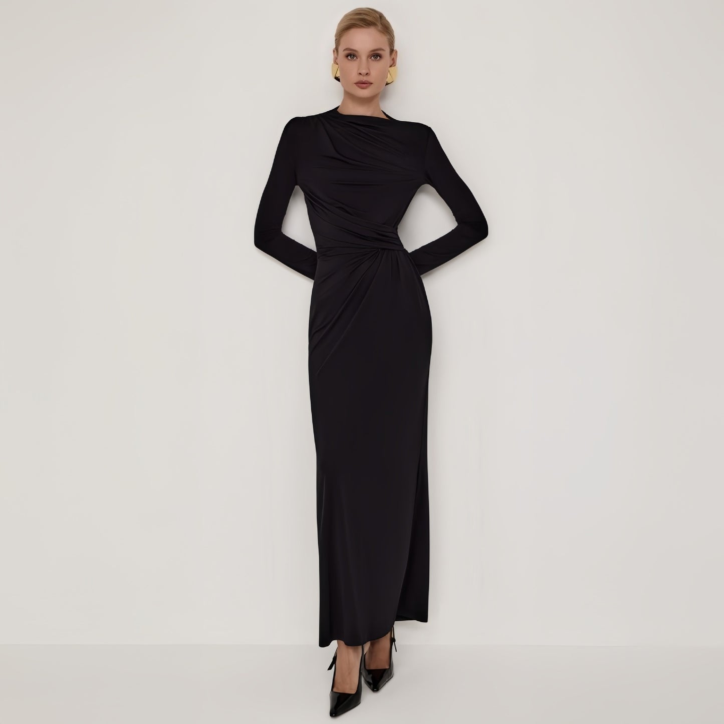 Autumn Women Long Sleeve Fitted Waist Pleated Slim Maxi Dress