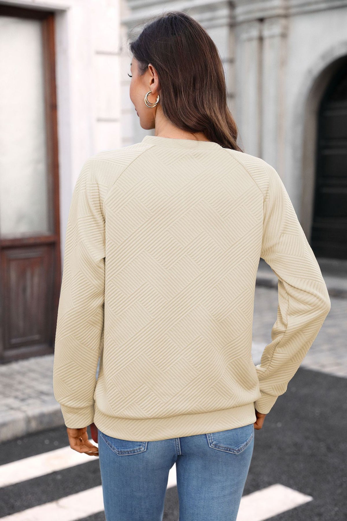 Autumn Winter Solid Color V neck Loose Long Sleeve Sweatershirt Plaid Top Women