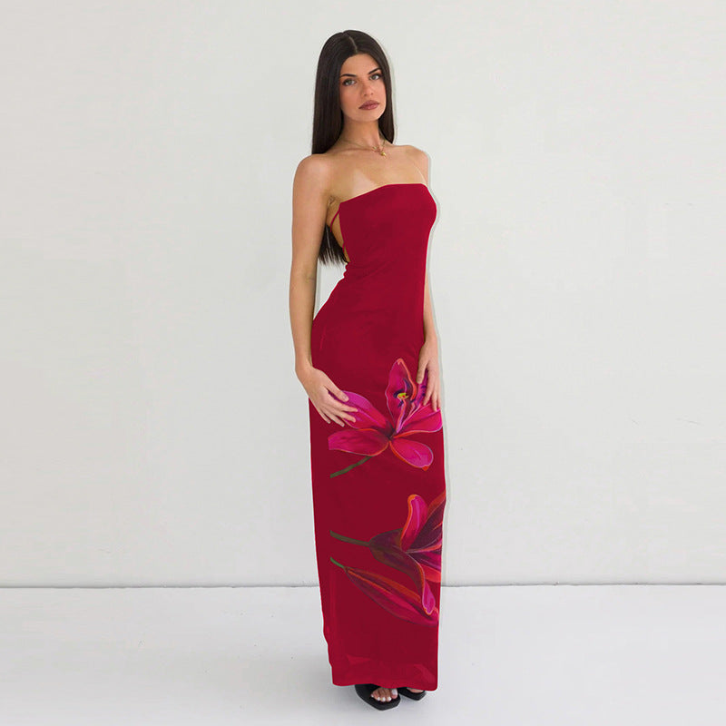 Women Clothing Summer Personalized Printed off Neck Tube Top Backless Tied Dress