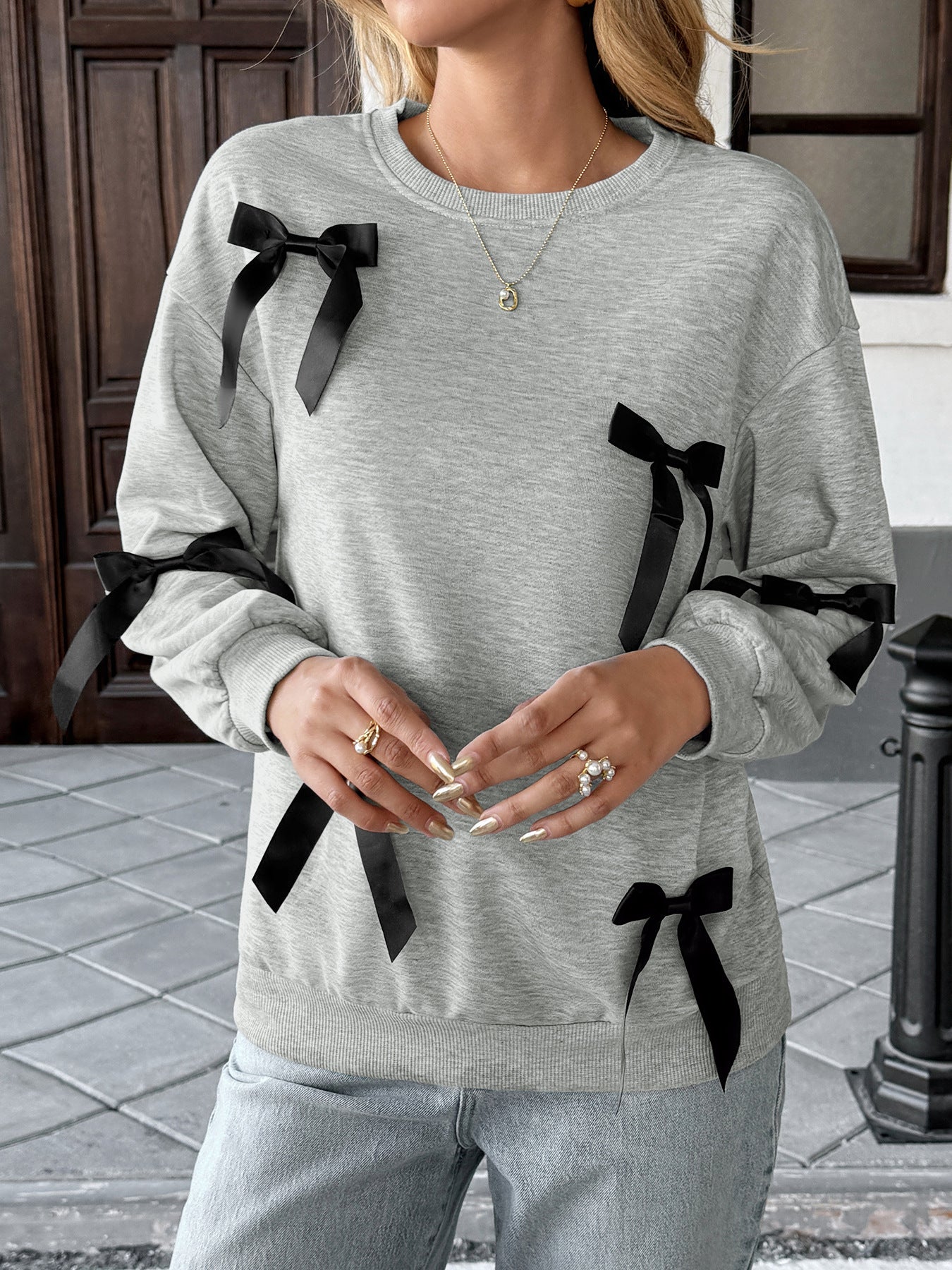 Autumn Casual Sweet Top Bow Decoration Gray round Collar Sweater Women
