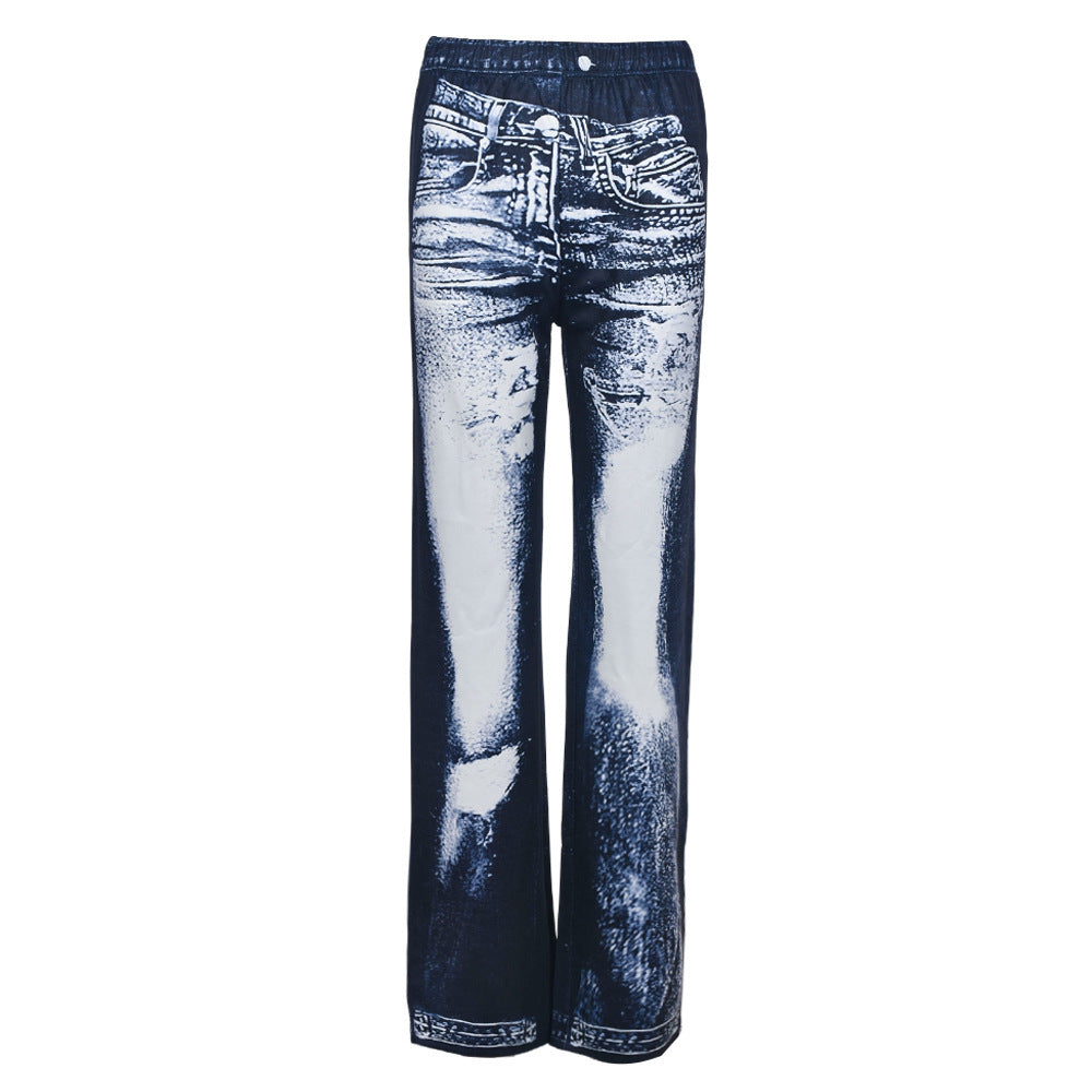 Printed High Waist Straight Casual Trousers for Women