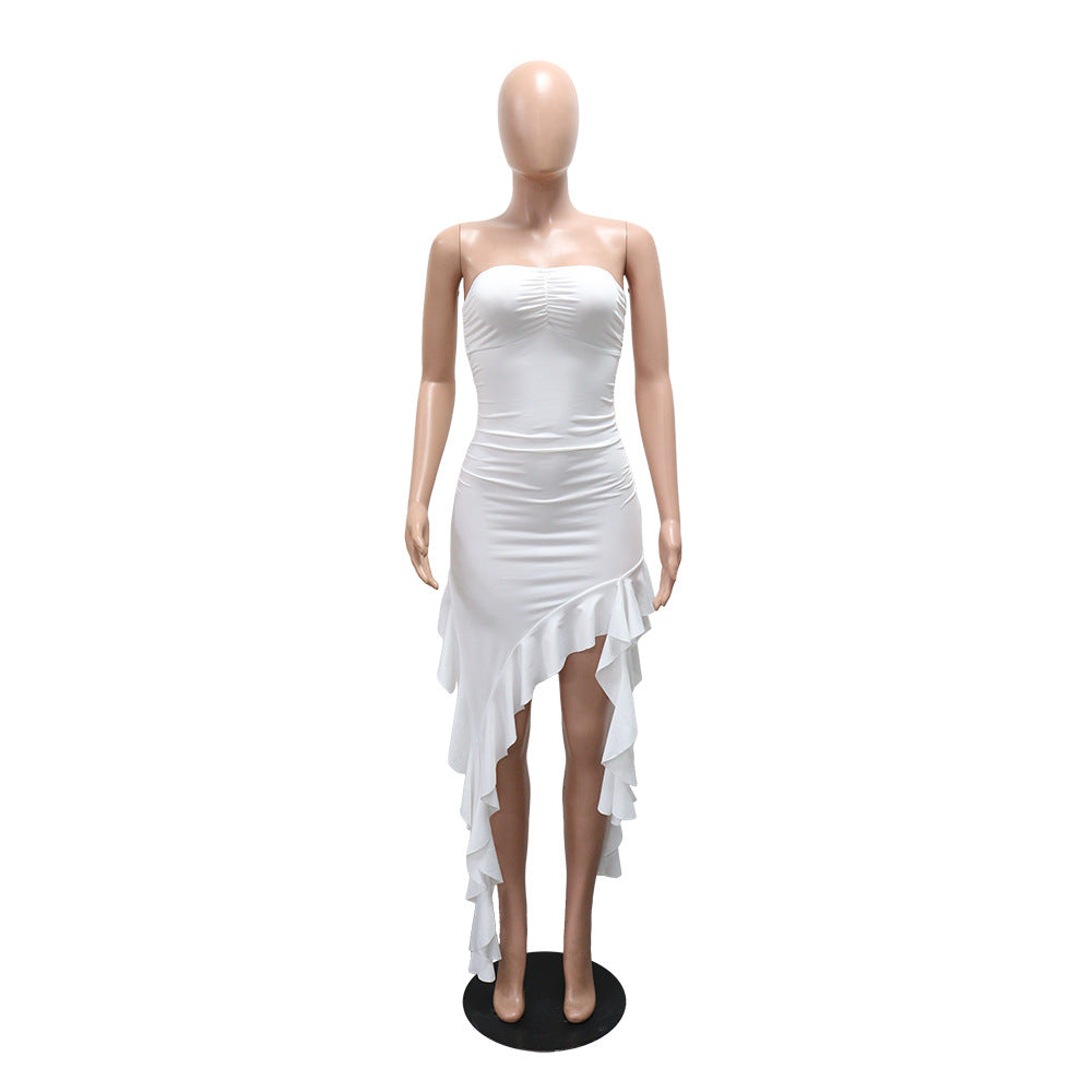 Tube Top Irregular Asymmetric Dress Solid Color Ruffles Dress Women Sheath
