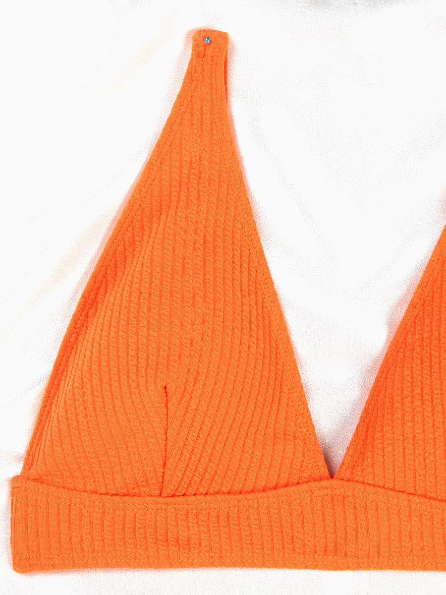 Solid Color High Waist Sunken Stripe Bikini Sexy Swimsuit Women Split Special Fabric Swimsuit