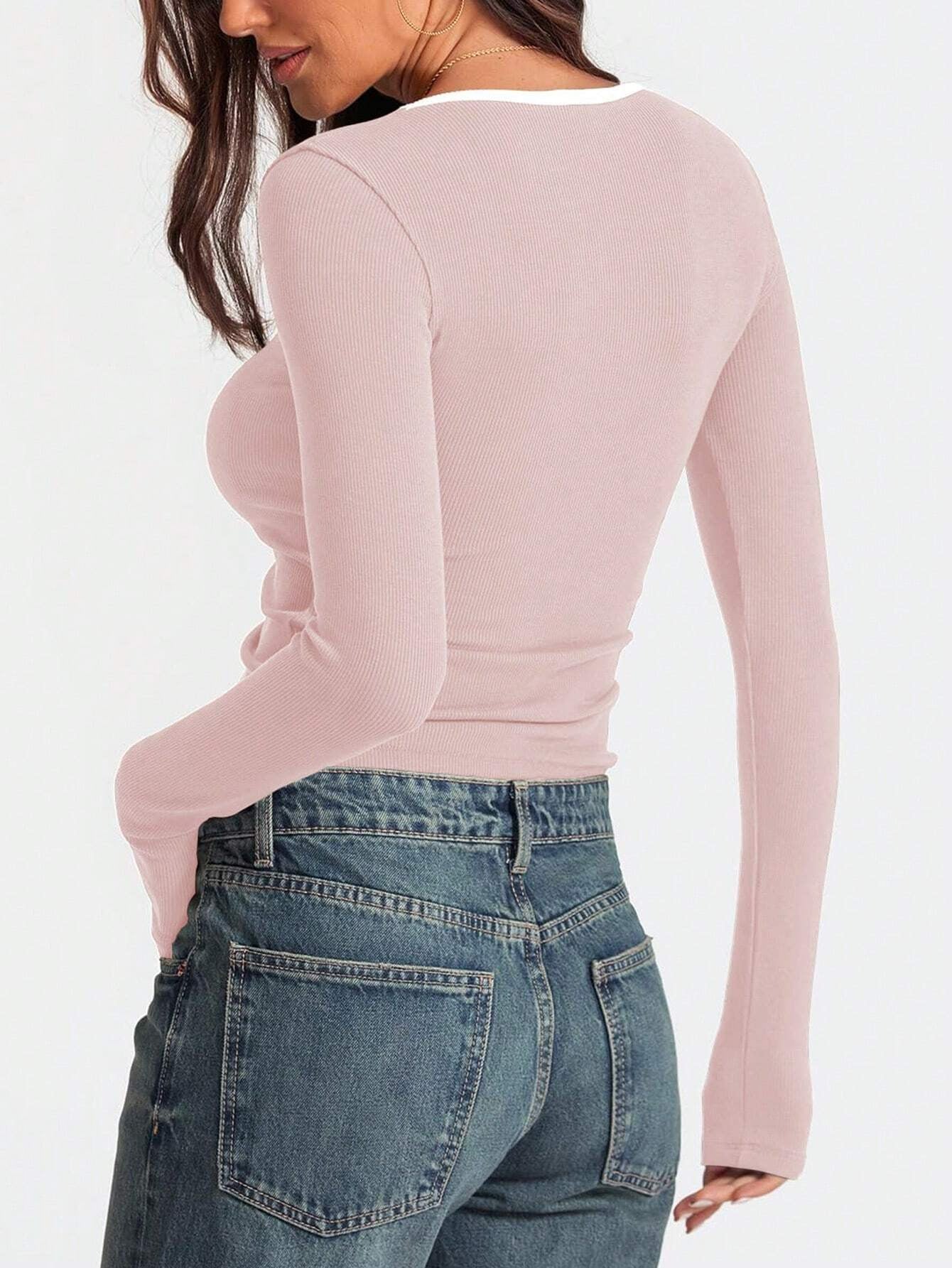 Square Collar Pullover Multicolor Solid Color Slim Fit Casual Long Sleeves Top Shirt