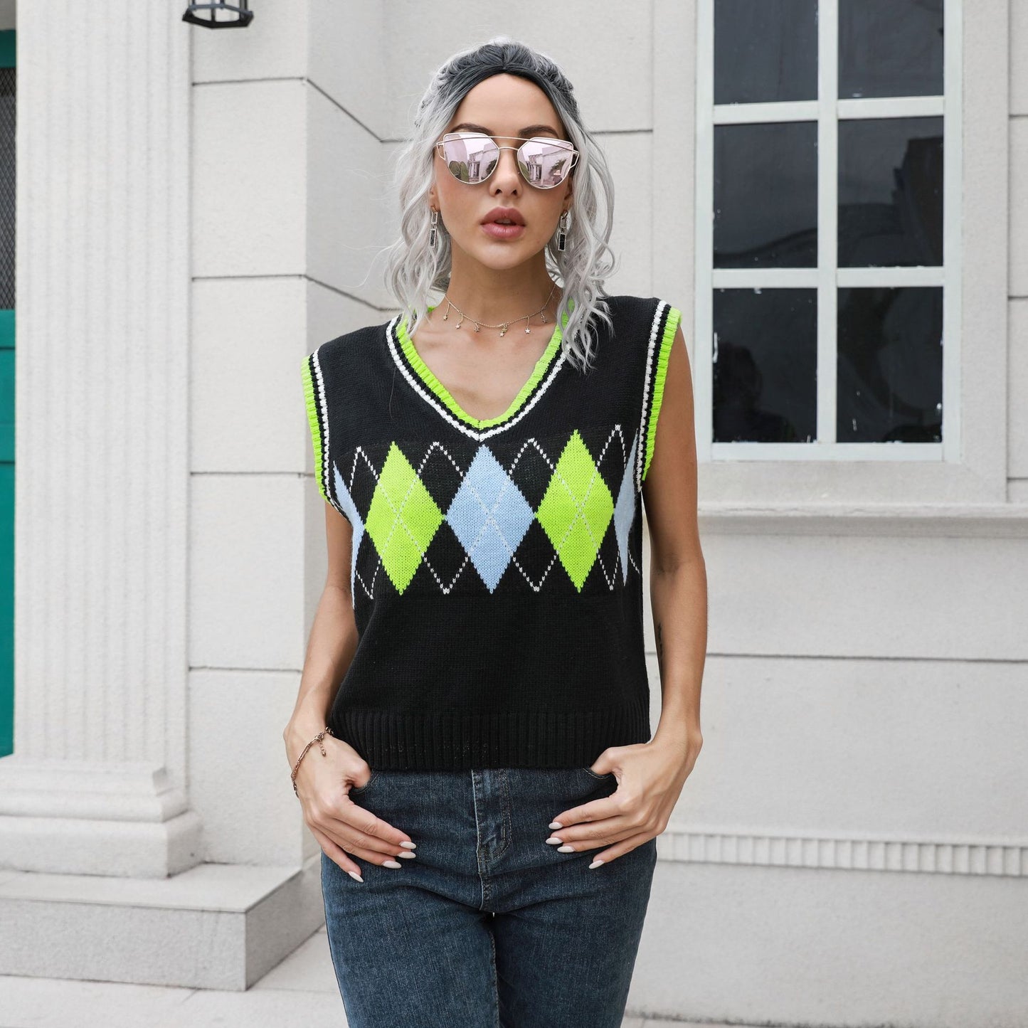 Rhombus V-neck Plaid Vest Sweater Women Vest Outer Wear Inner Wear Autumn Winter Knitwear Sweater