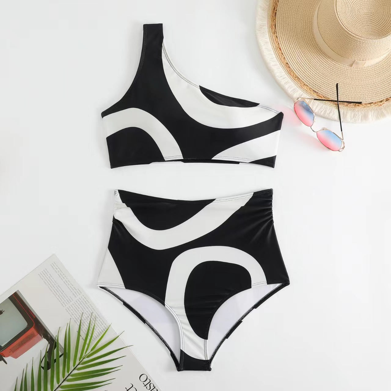 Retro Split Swimsuit Sexy One Shoulder Swimwear Chiffon Beach Skirt Set