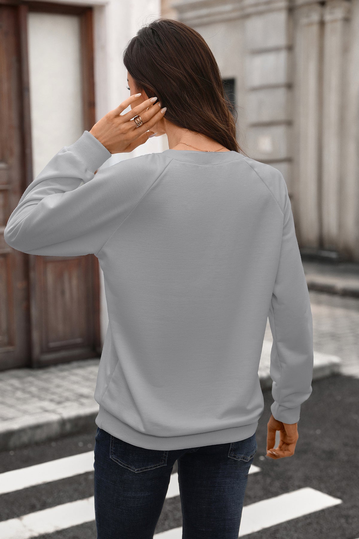 Autumn Winter Solid Color V neck Rib Stitching Loose Long Sleeve Sweatershirt Women