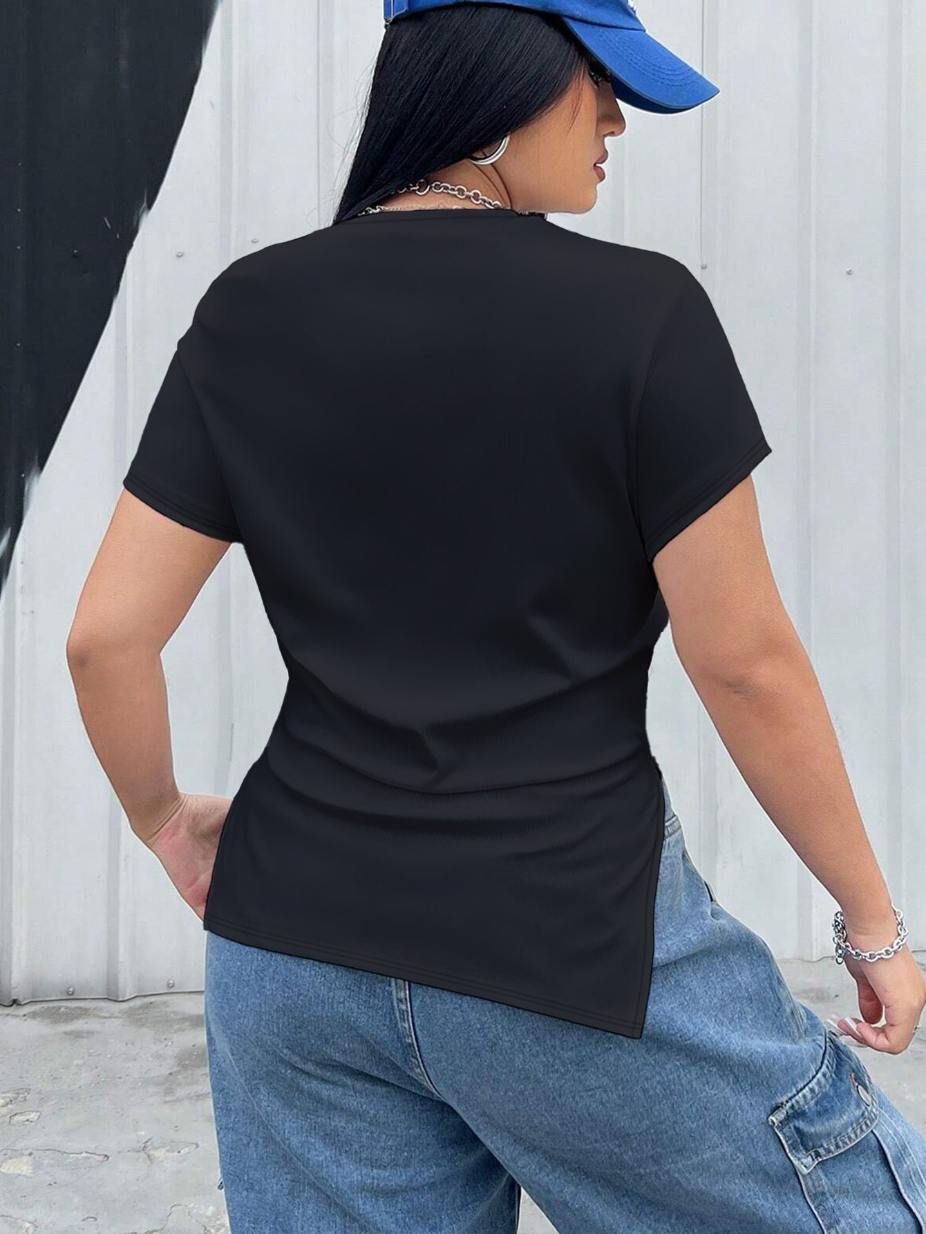 Women Clothing Summer Plus Size Plump Girls Side Slit Short Sleeve T shirt Top
