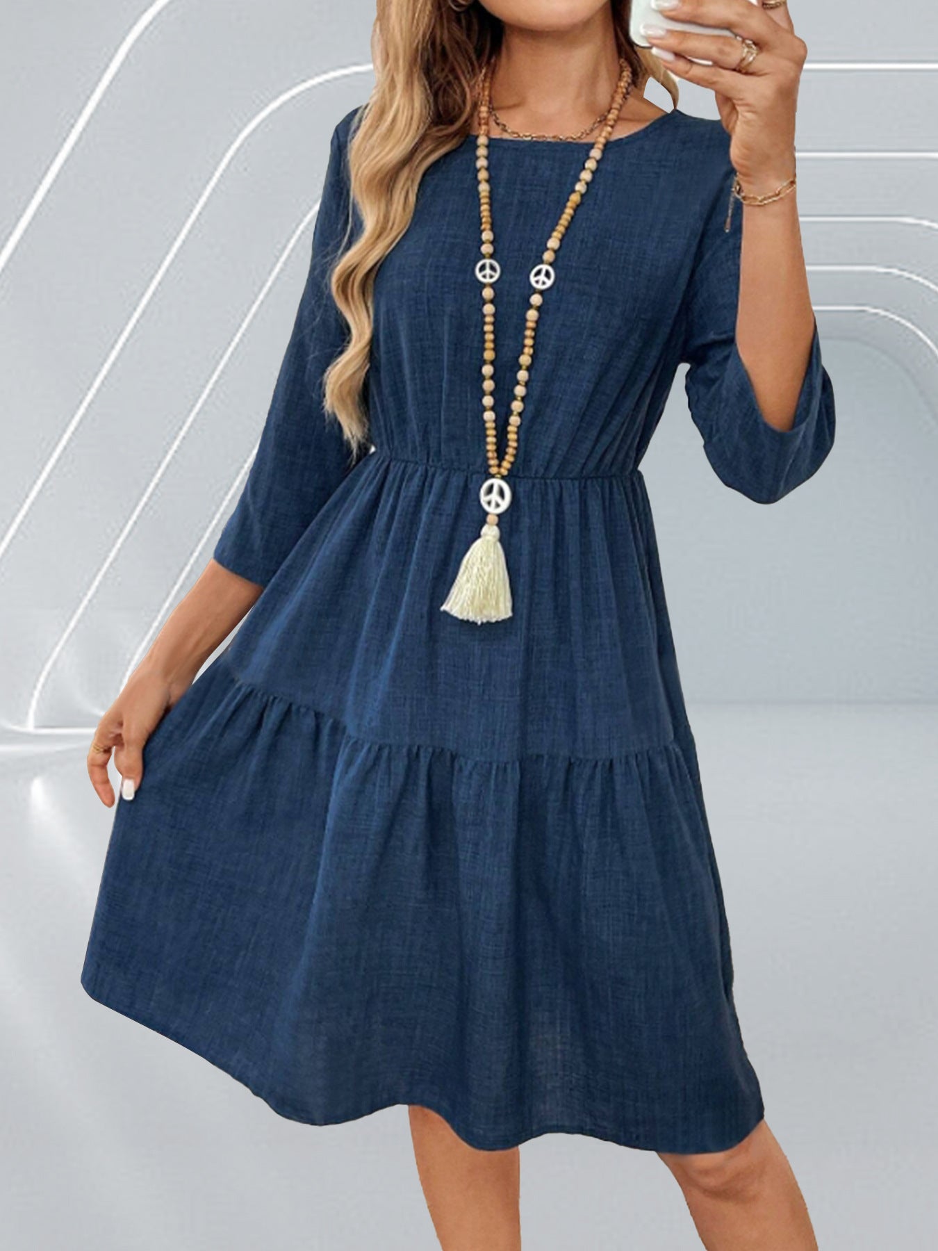 Spring Summer Women Tight Waist 3/4 Sleeve round Neck Dress