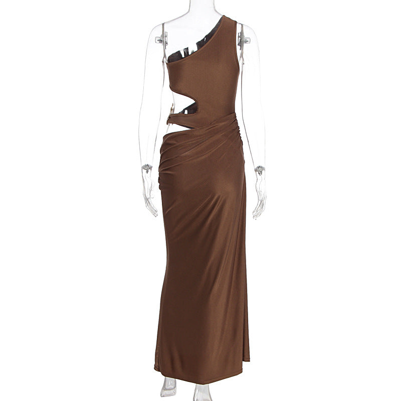 Women Dress Diagonal Collar Sleeveless High Grade Pleated Dress