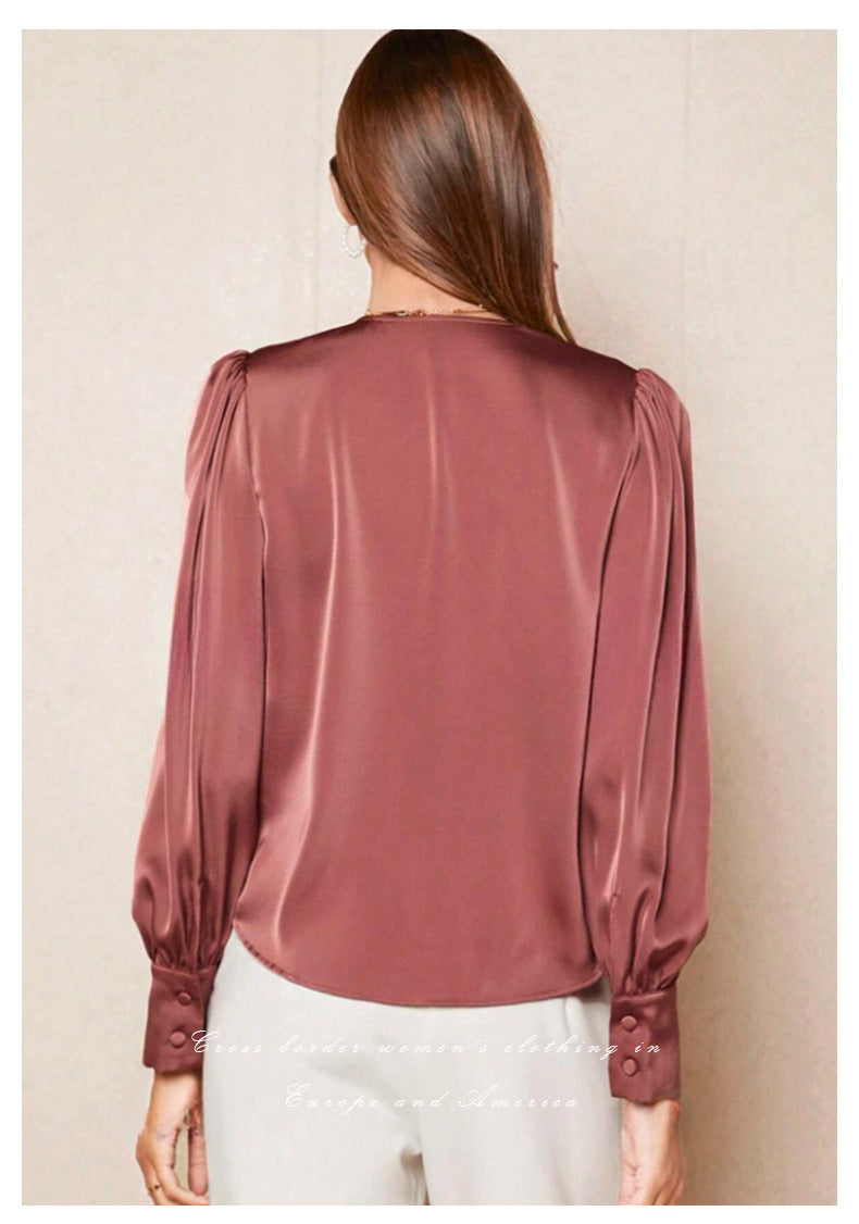 V neck Pullover Top Shirt Women Satin Office Top Women Clothing Direct