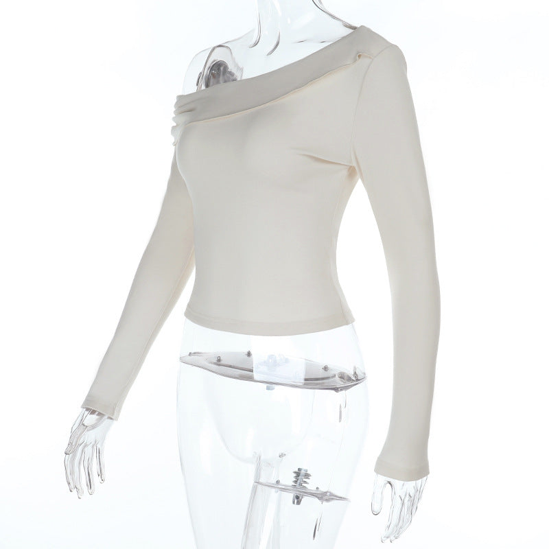 Women Clothing Top Shoulder Asymmetric Long Sleeve Sexy Slim Fit Elegant T shirt Women