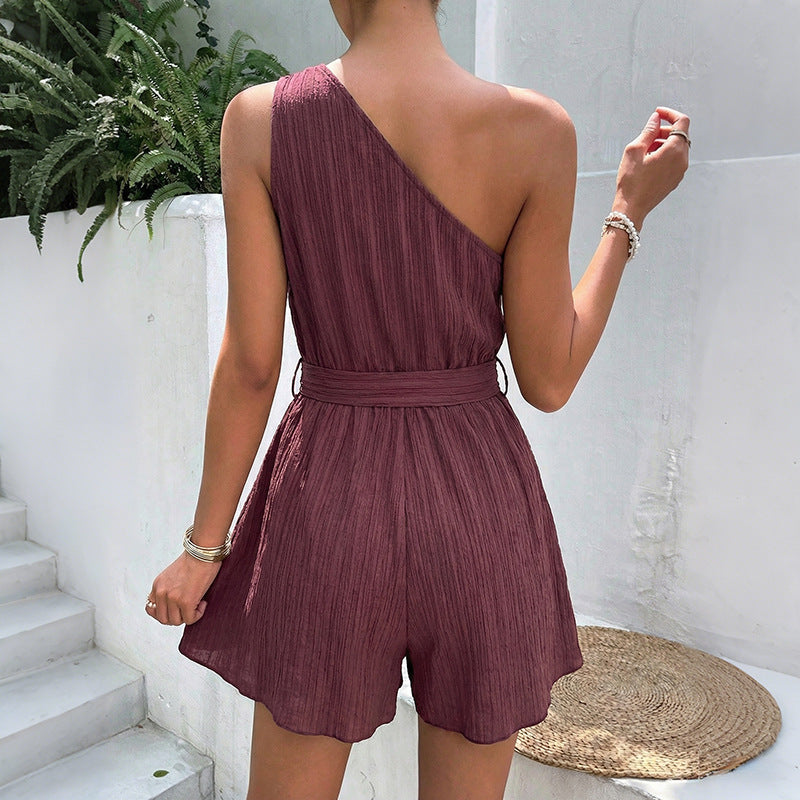 Casual Vacation Texture Solid Color One Shoulder Lace up Jumpsuit