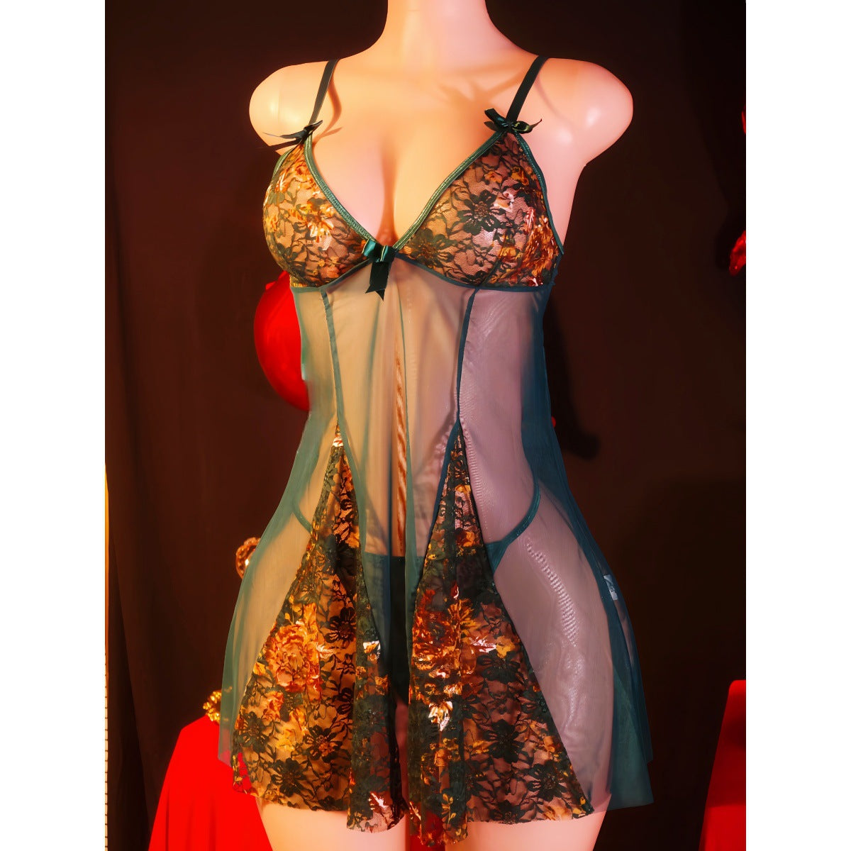 Wine Red Mesh Camisole Nightdress Golden Lace Embroidery Sexy Pajamas Sexy Underwear Two Piece
