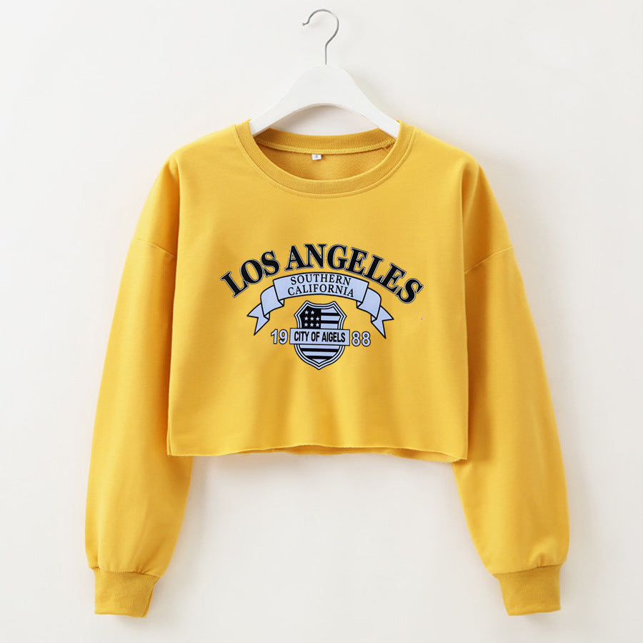 Women Clothing Autumn Winter Los Angeles Letter Graphic Printed Short Long-Sleeved Sweatshirt