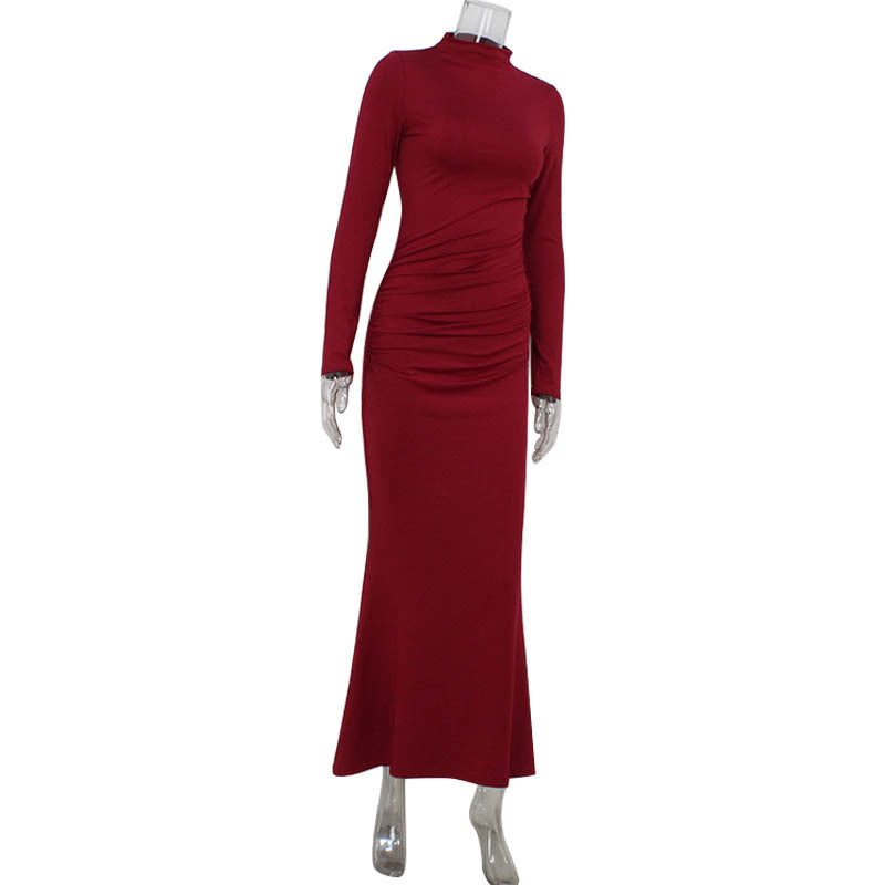 Fall Women Clothing Long Sleeve Slim Fit Solid Color Simple Fishtail Hip Base Dress