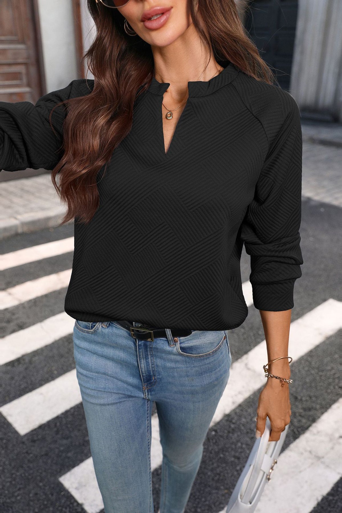 Autumn Winter Solid Color V neck Loose Long Sleeve Sweatershirt Plaid Top Women