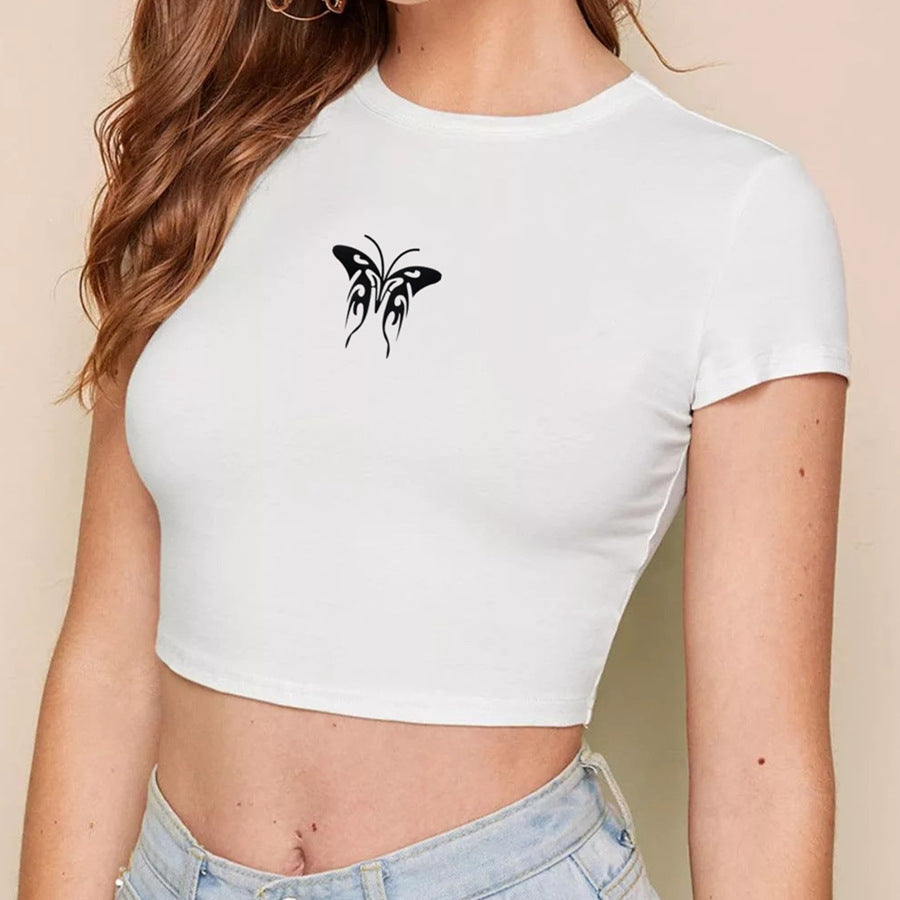 Women Clothing Wish Butterfly Print Short Slim Fit Short Sleeved T shirt