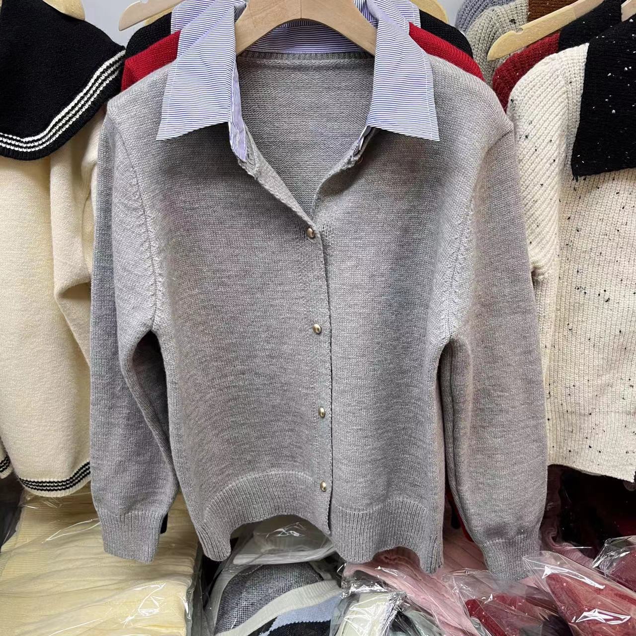 Spring Faux Two Piece Knitted Cardigan Sweater for Women Office Korean Shirt Collar Single Breasted Cardigan for Women