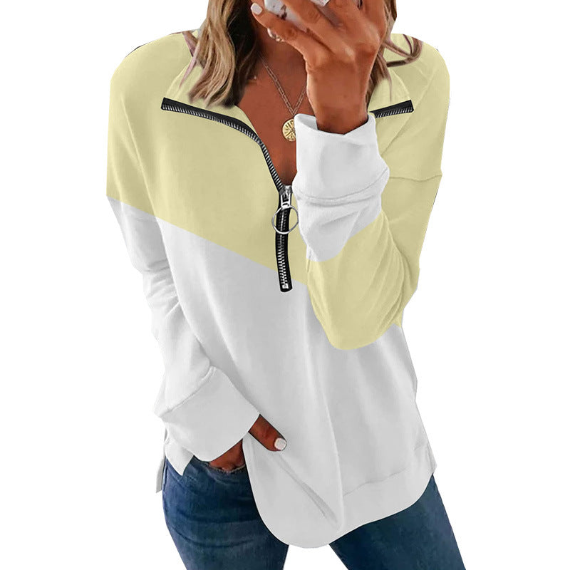 Autumn Winter Contrast Color Zipper Pullover Sweatshirt Women Loose All-Matching Long Sleeve Top