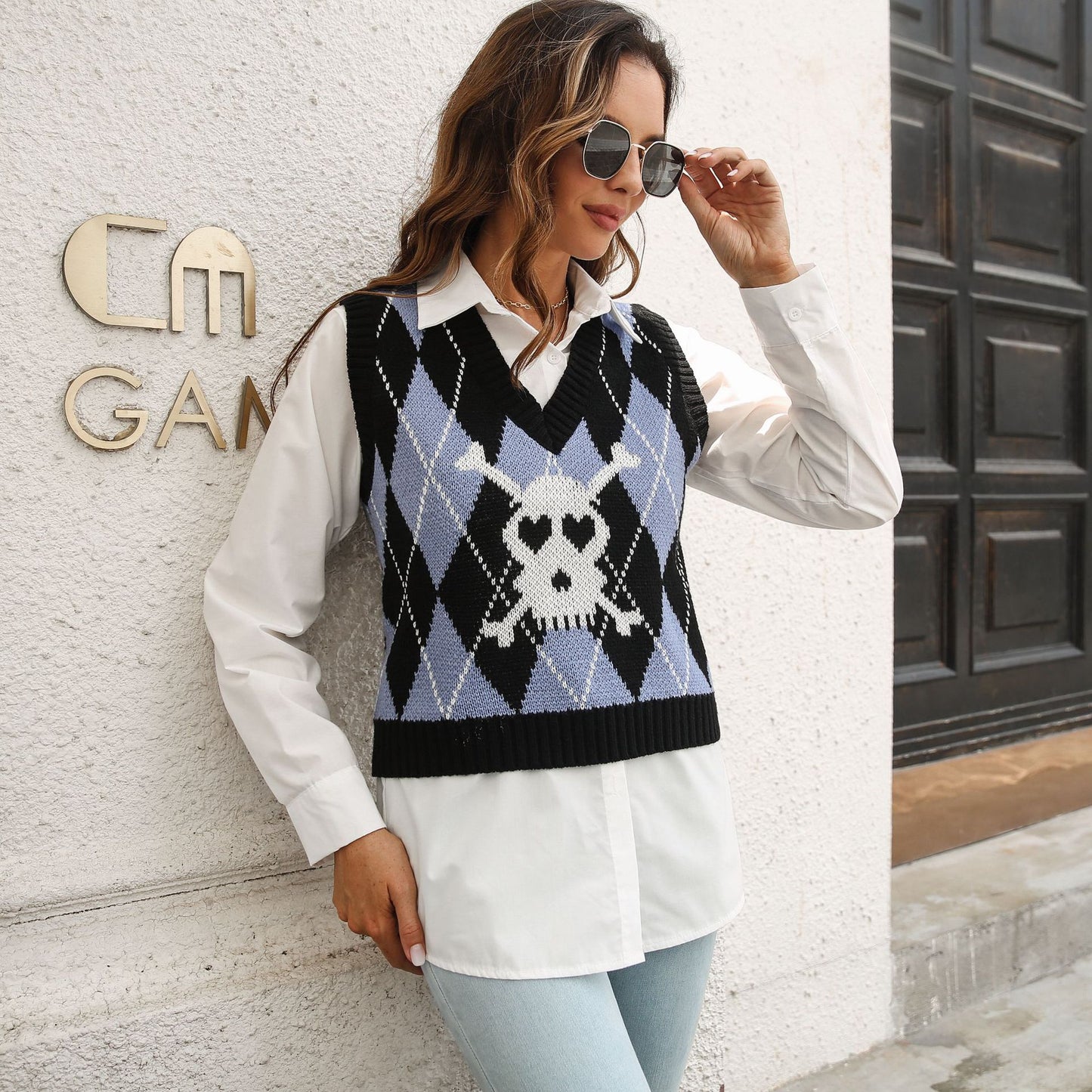 Skull Jacquard Rhombus Vest Sweater Vest Women Autumn Winter Knitwear Halloween
