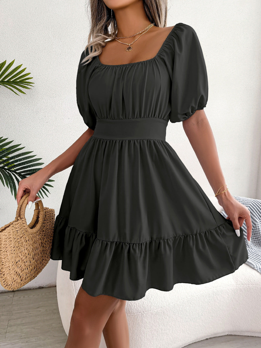 Spring Summer New Casual Square Collar Backless Tied Lotus Leaf Large Swing Dress Women Clothing Tiered Dress