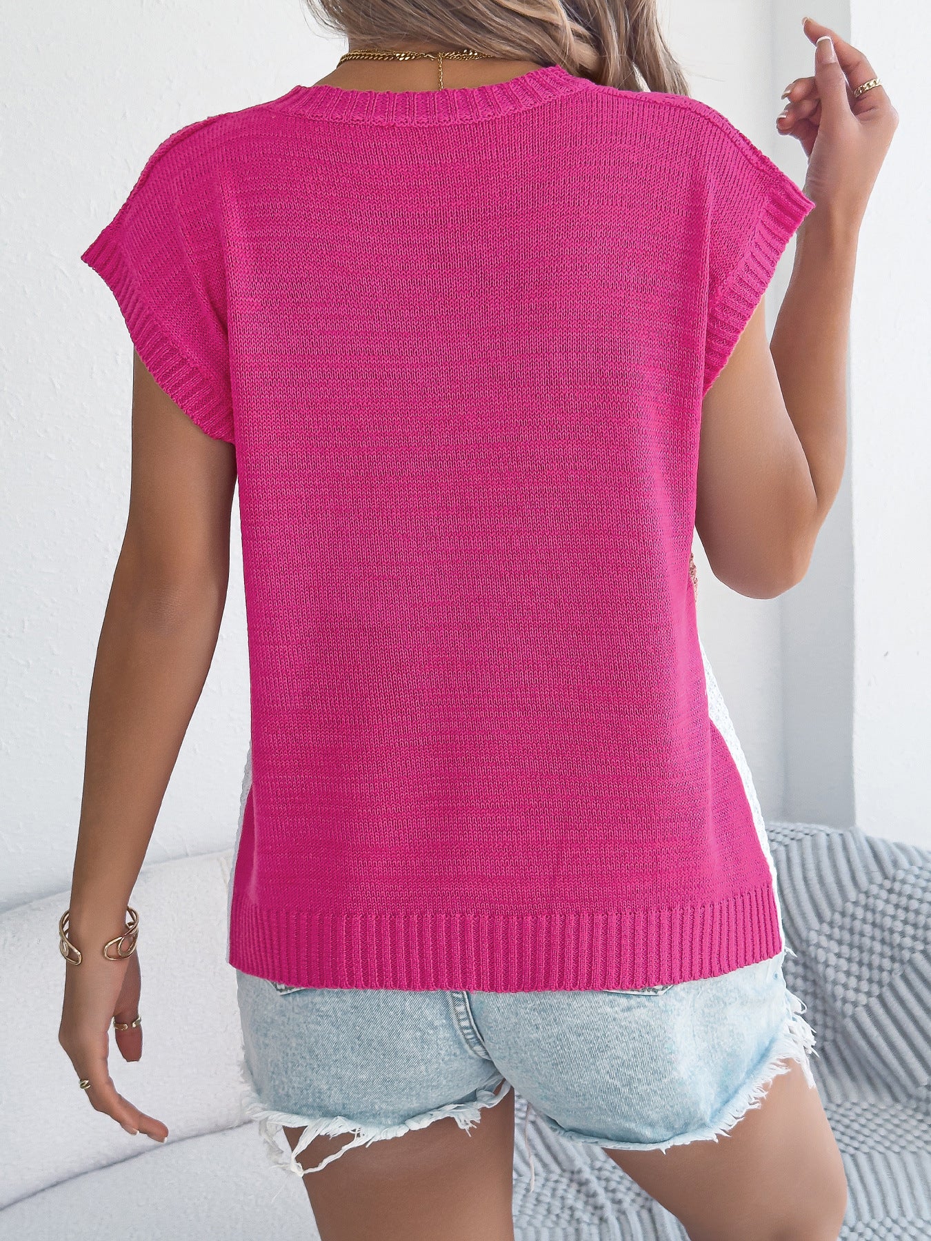 Women Clothing Spring Summer Color Matching Twist Casual Loose Batwing Sleeve Knitwear Holiday Top