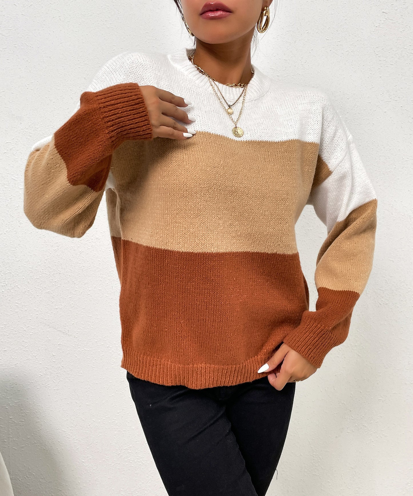 Vietnam Autumn Winter Casual Loose Gradient Color round Neck Striped Contrast Color Sweater Women
