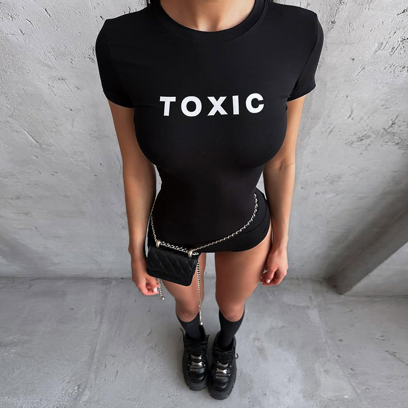 Fall Women Clothing Simple Letter Graphic Print Solid Color round Neck Tight Sports Romper