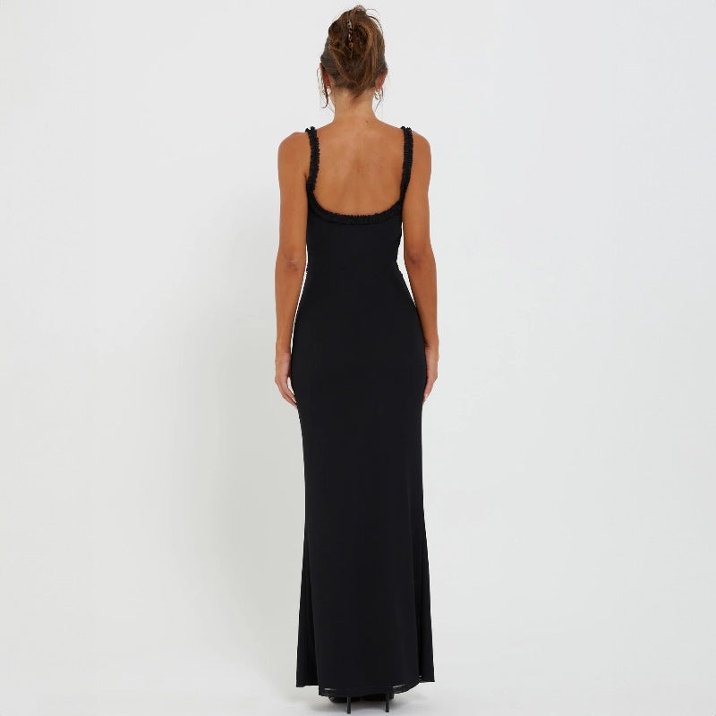 Summer Suspender Wooden Ear Collarless Cropped Sexy Slim Fit Jumpsuit Maxi Dress Women
