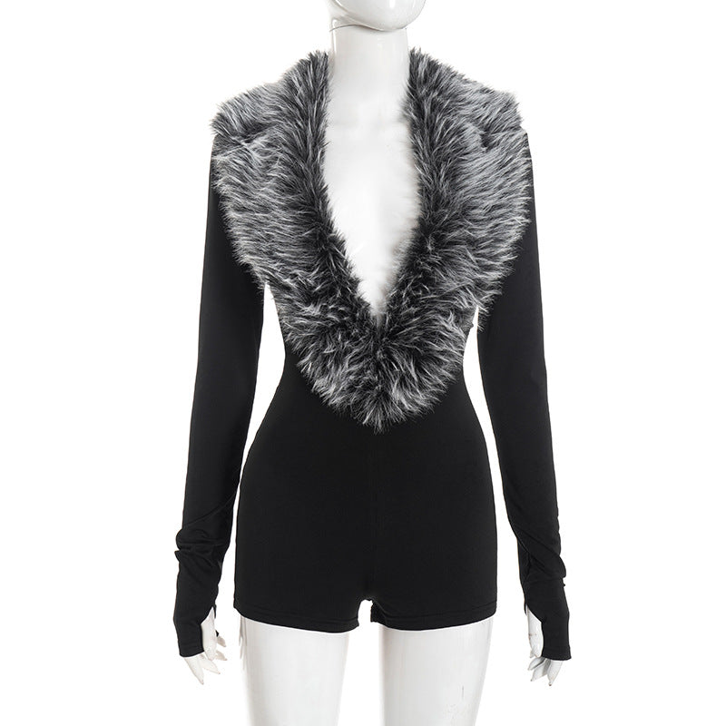 Women Clothing Autumn Winter Elegant Fur Collar Deep V Plunge Long Sleeve Tight Fitting Solid Color Elegant Romper