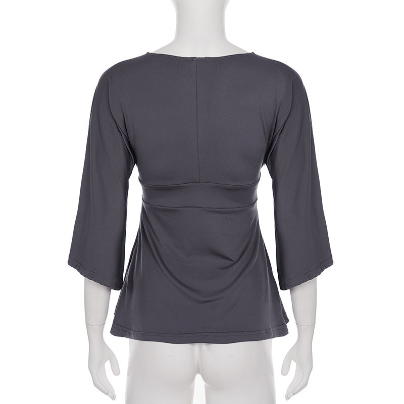 Sexy V neck Solid Color Draping Half Sleeve T shirt Women Bell Sleeve Waist Controlled a Swing Top