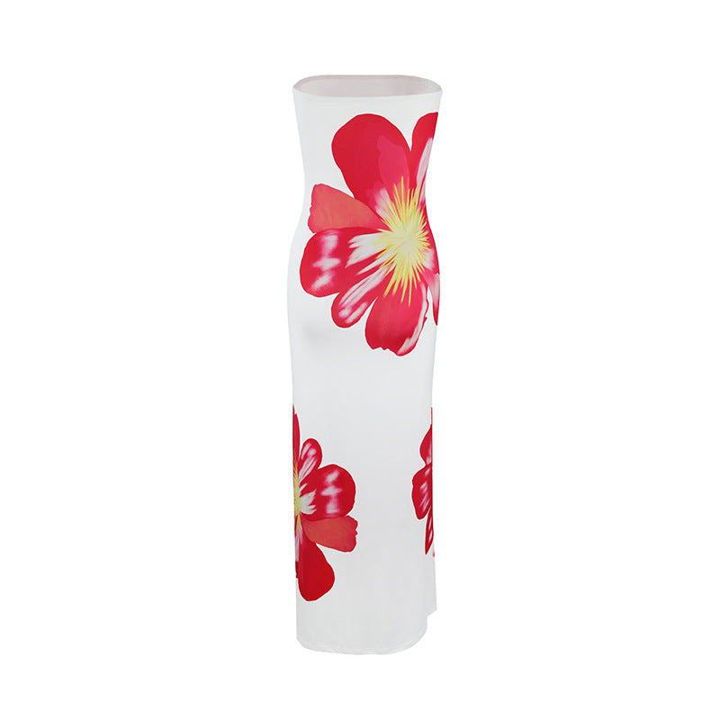 Summer Women Casual Tube Top Printed Long Vacation Dress