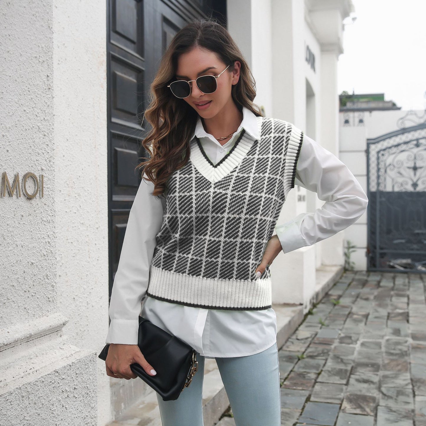 Plaid Striped V-neck Vest Sweater Women Vest Outer Wear Inner Wear Autumn Winter Knitwear Sweater