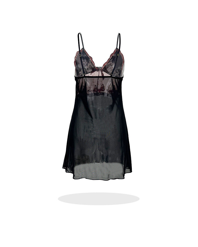 Lady Sexy Nightdress Butterfly Lace Embroidery See through Mesh Camisole Temptation Home Pajamas