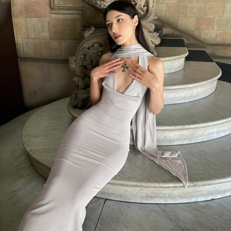 Sexy Halter Swing Collar Elegant Slim Fit High Grade Dress with Ribbon Sexy Dress for Women