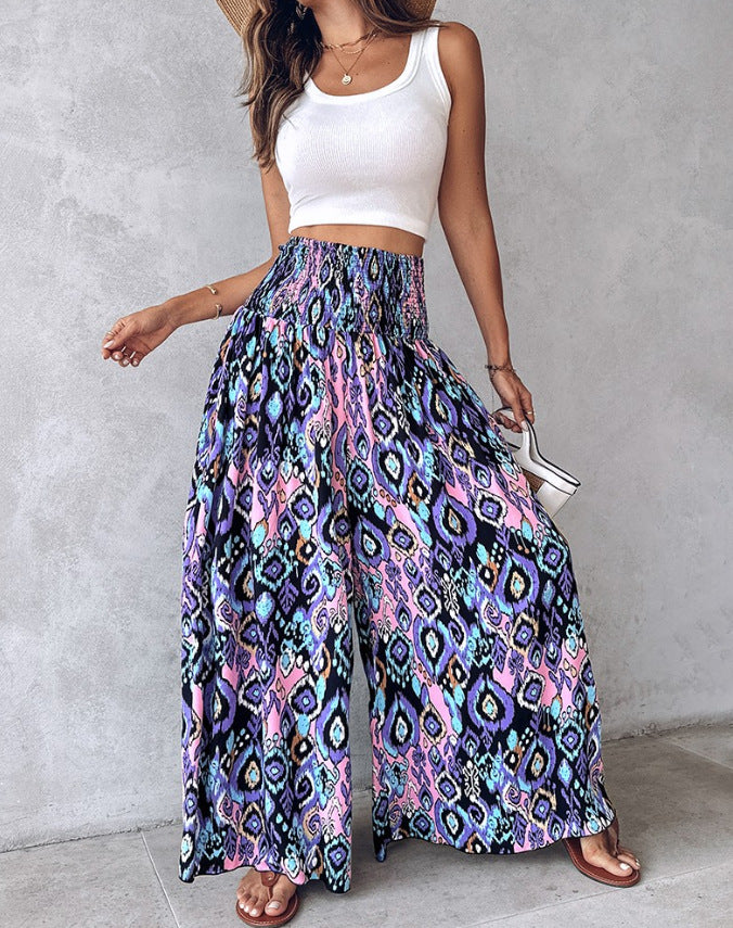 Women Clothing Printed Waist-Controlled Casual Trousers Wide Leg Pants