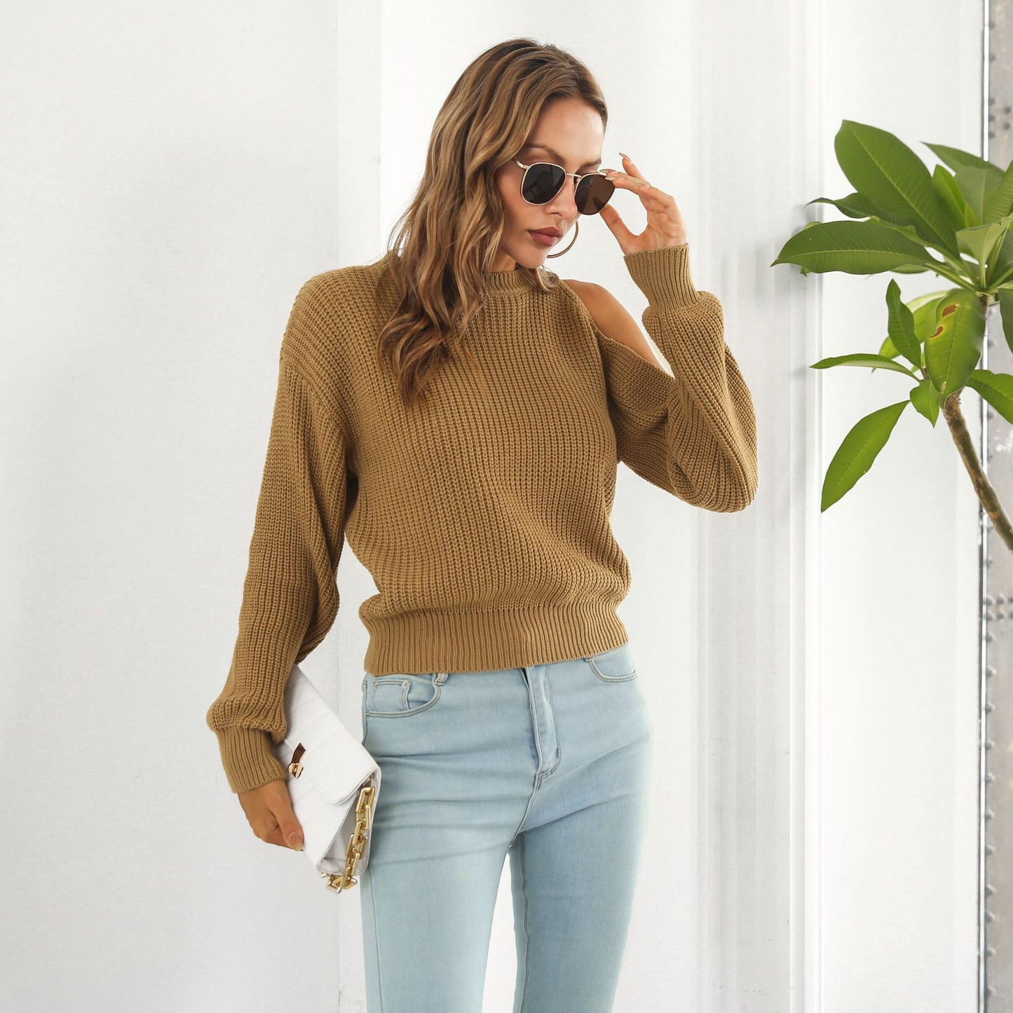 Off the Shoulder Hollowed out Long Sleeved Sweater Women Loose Casual Knitwear Autumn Winter Women Clothing Sweater