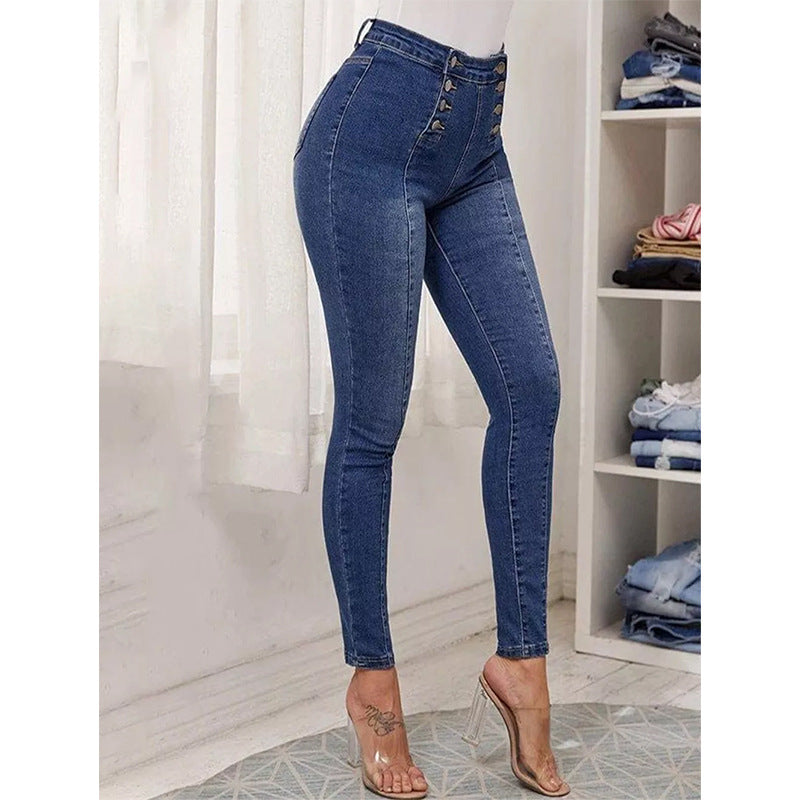 High Waist Casual Jeans Trousers Trendy Double Row Multi Button Slim Stretch Jeans Women