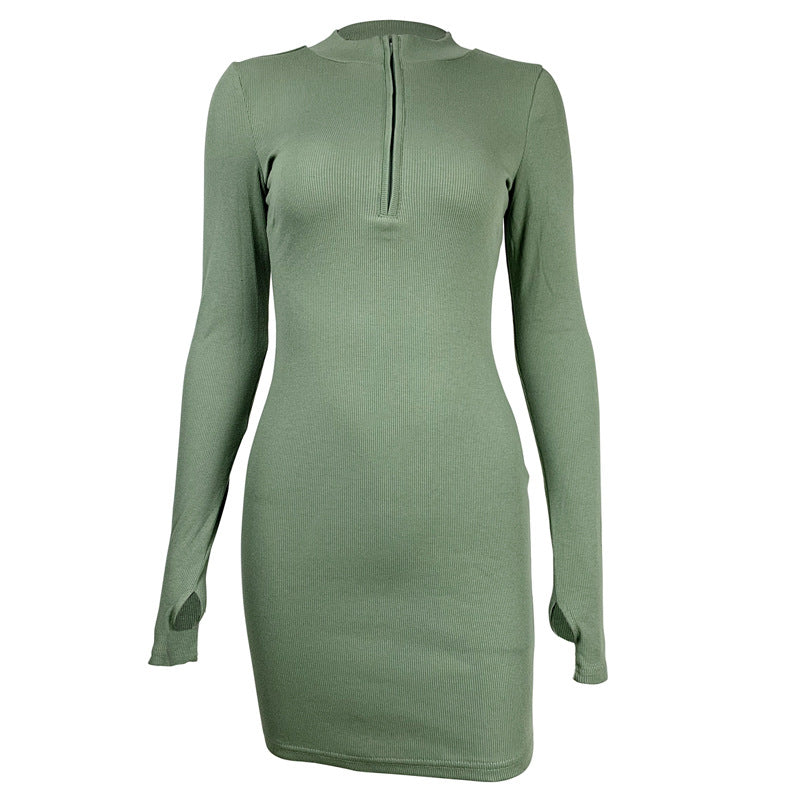 Fall Women Clothing Sexy Slim Fit Thread Long-Sleeve Zipper Dress
