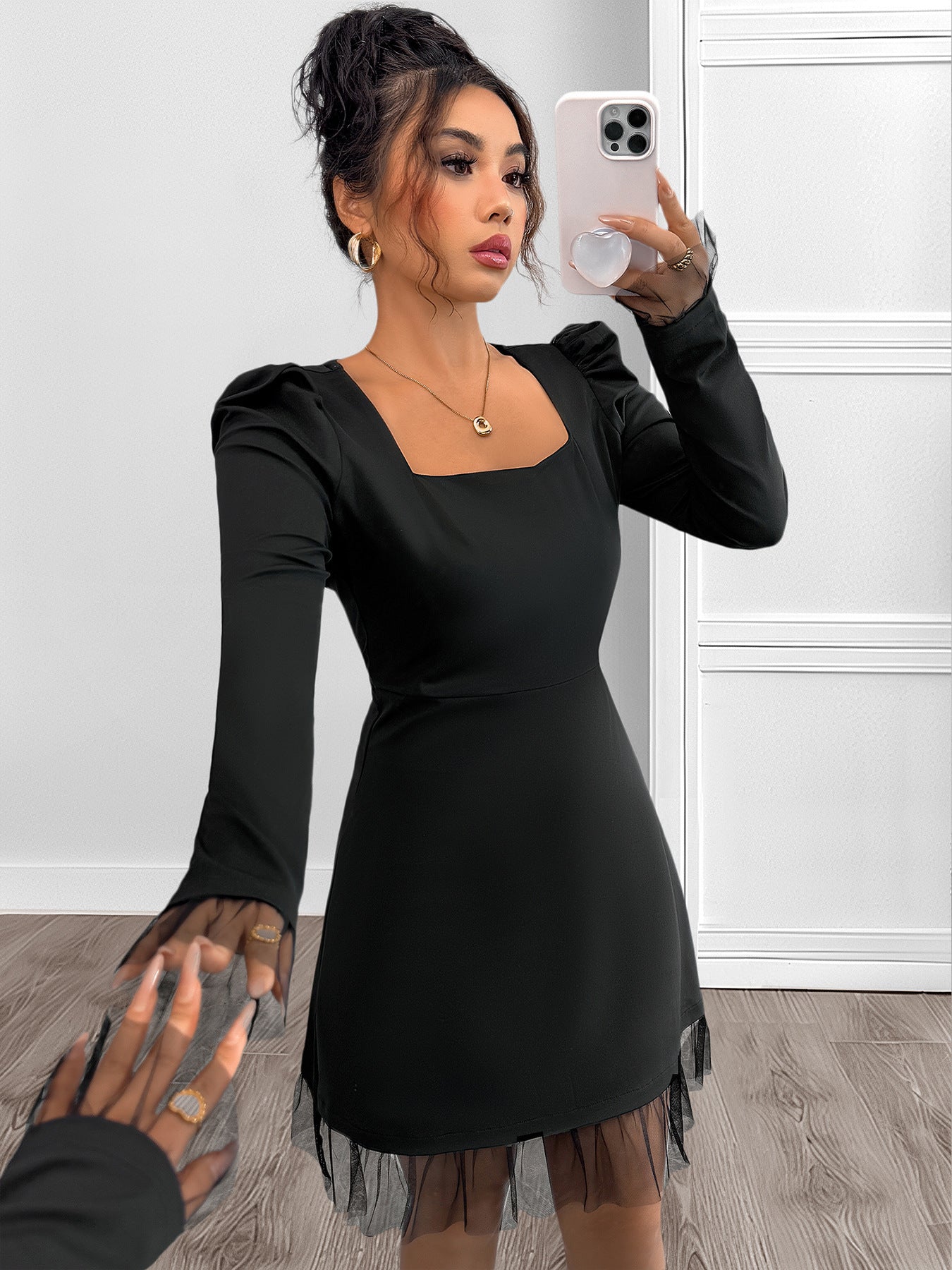 Autumn Square Collar Bubble Long Sleeve Dress Mesh Stitching High Waist A line Dress