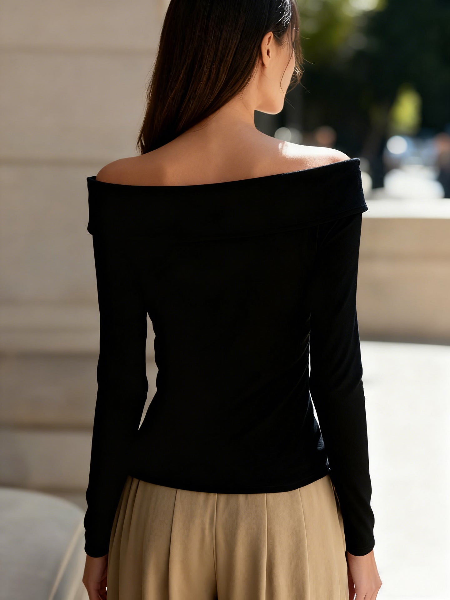 Women Clothing Spring Autumn Elegant Graceful off Shoulder Bottoming Long Sleeve Solid Color
