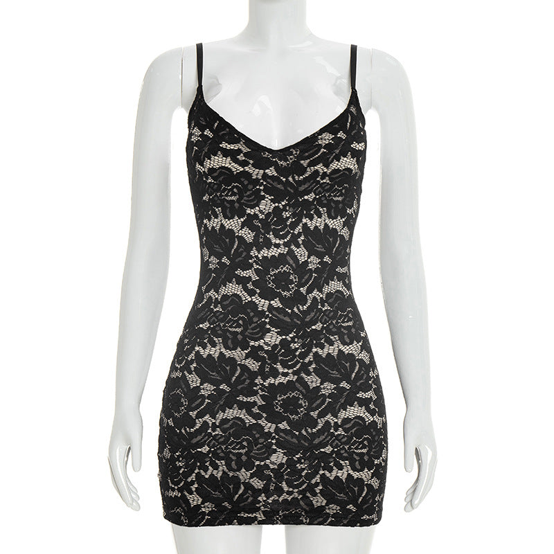 Women Clothing Summer Solid Color Sexy Lace Sling Sleeveless Tight Short Dress