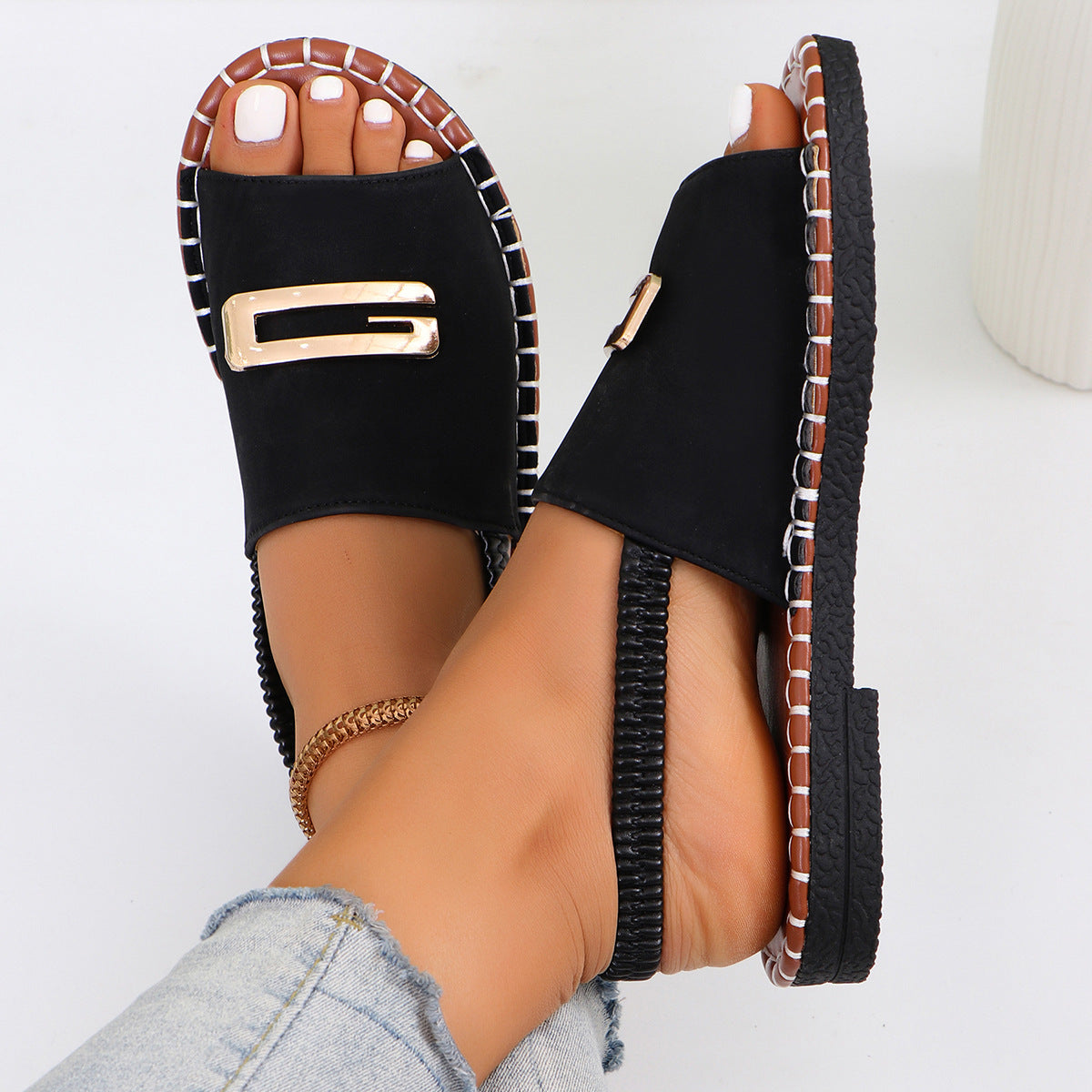 Elastic Band Flat Sandals Women's Cloth Buckle Open Toe Beach Slippers