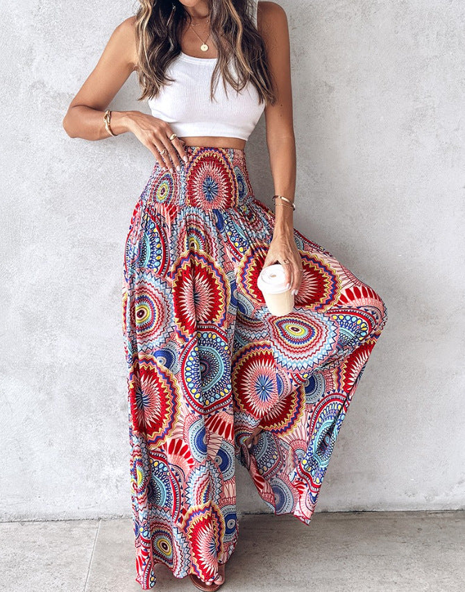Women Clothing Printed Waist-Controlled Casual Trousers Wide Leg Pants