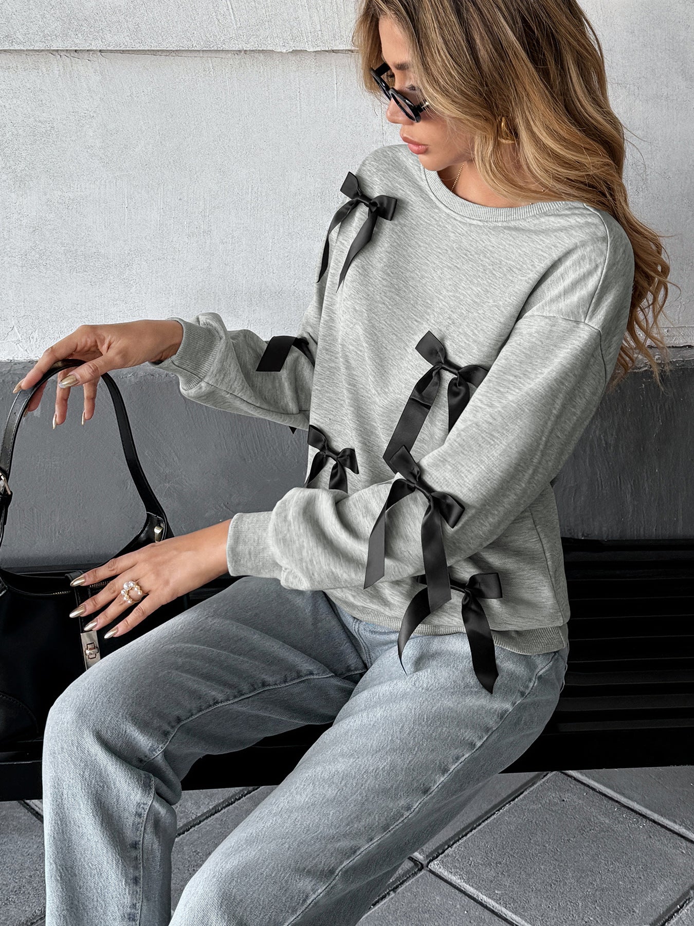 Autumn Casual Sweet Top Bow Decoration Gray round Collar Sweater Women
