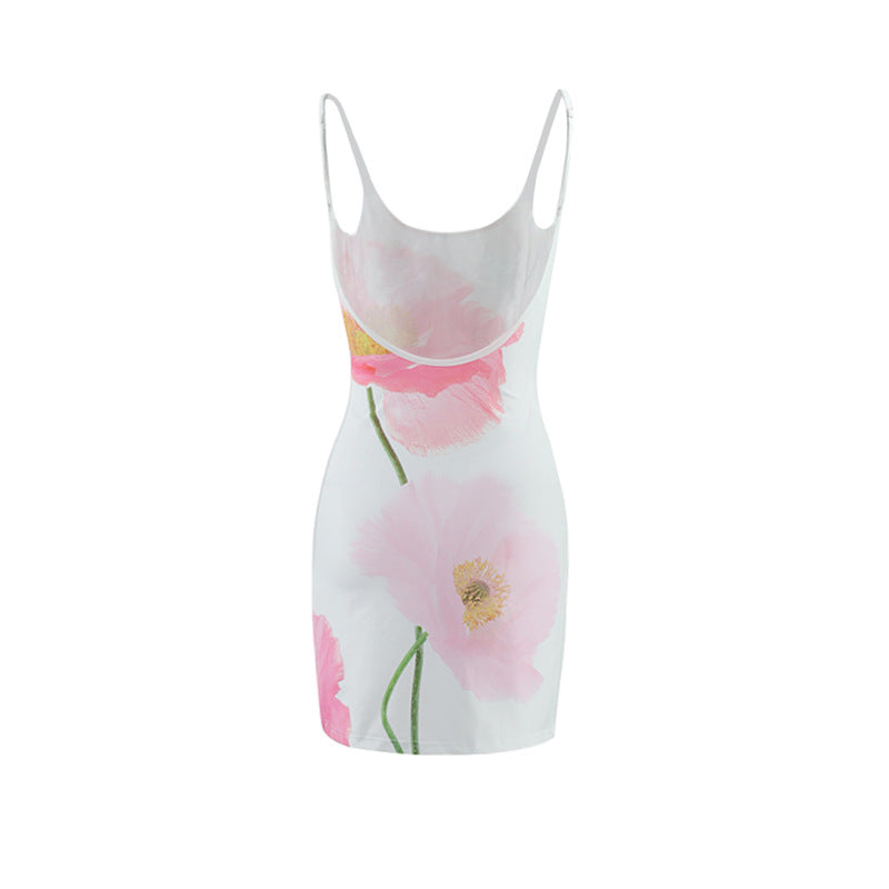Summer Partysu Women Sling U Neck Backless Slim Fit A line Floral Print Dress