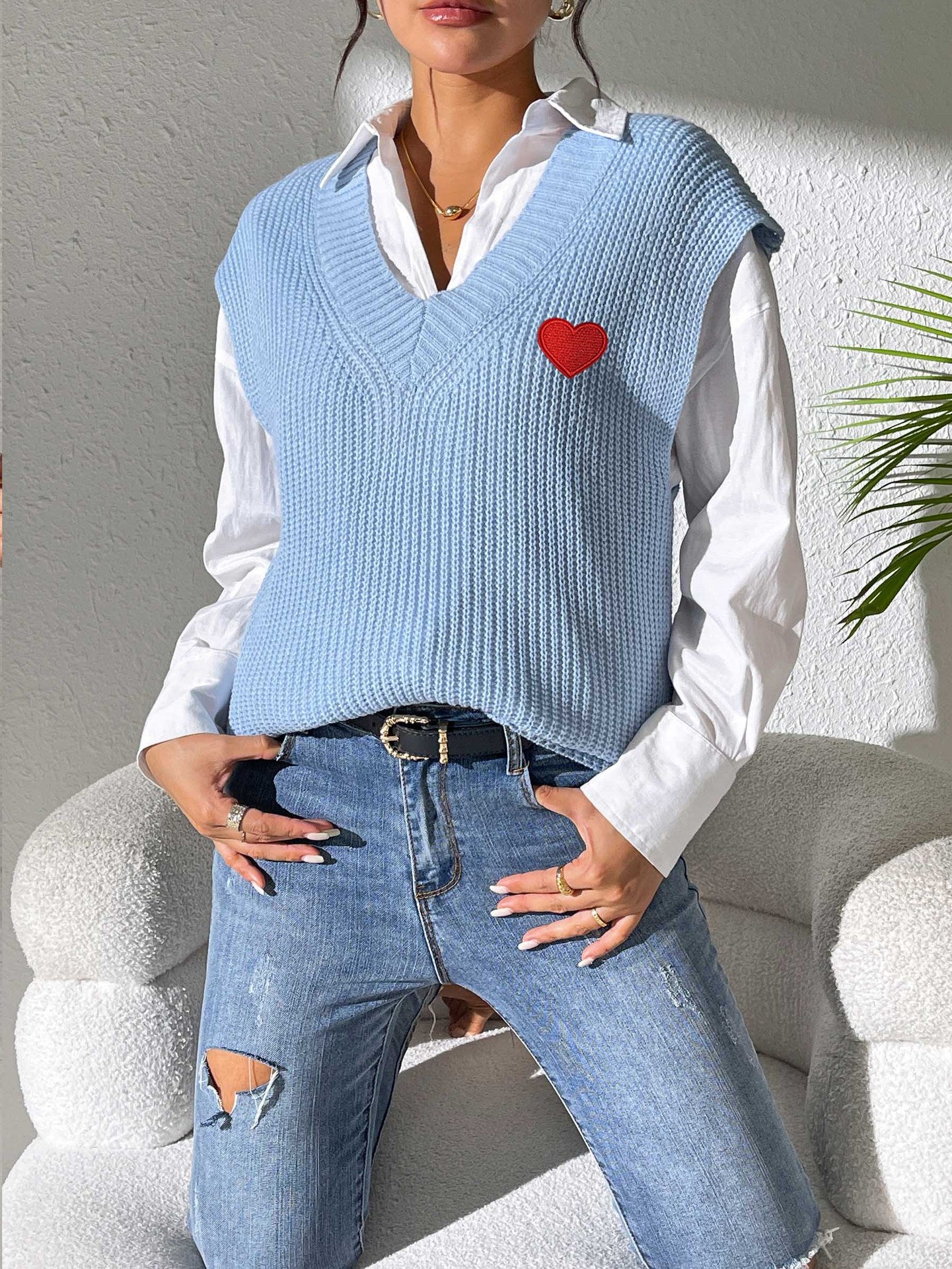 Women Vest Clothing Spring Autumn V neck Simple Vest Embroidery Love Stickers Sweater Waistcoat
