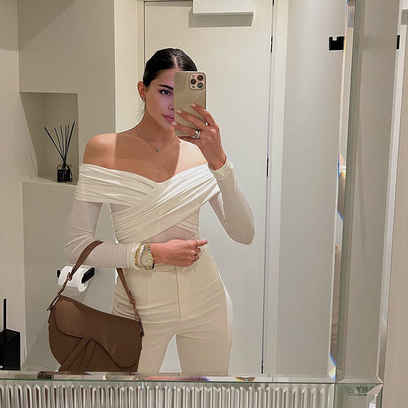 Women Clothing Popular Sexy off the Shoulder Long Sleeve Cross Pleated Slim High Waist Cold Shoulder Elegant Jumpsuit