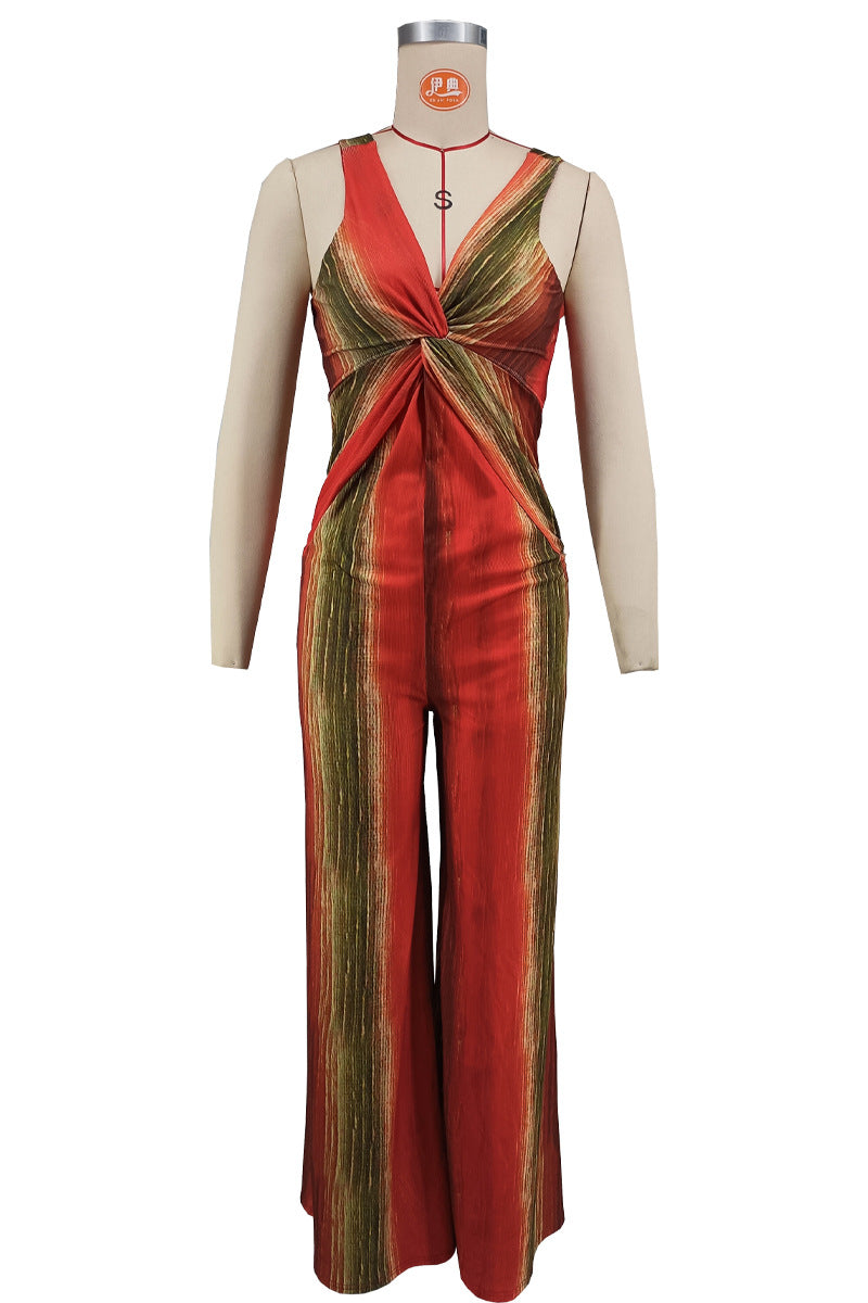 Shoulder Strap Sleeveless Deep V Plunge Sexy Tight Waist Slim Wide Leg Comfort Casual Loose Women Jumpsuit